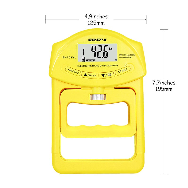 GRIPX Digital Hand Dynamometer Grip Strength Measurement Meter Auto Capturing Electronic Hand Grip Power 198Lbs / 90Kgs  Yellow - Image 2